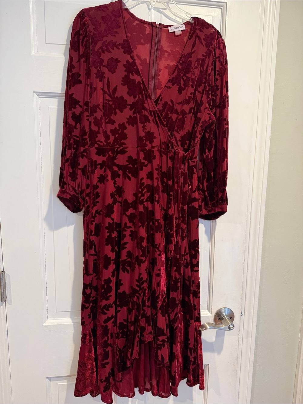 Calvin Klein Deep Wine Floral Velvet Wrap Dress